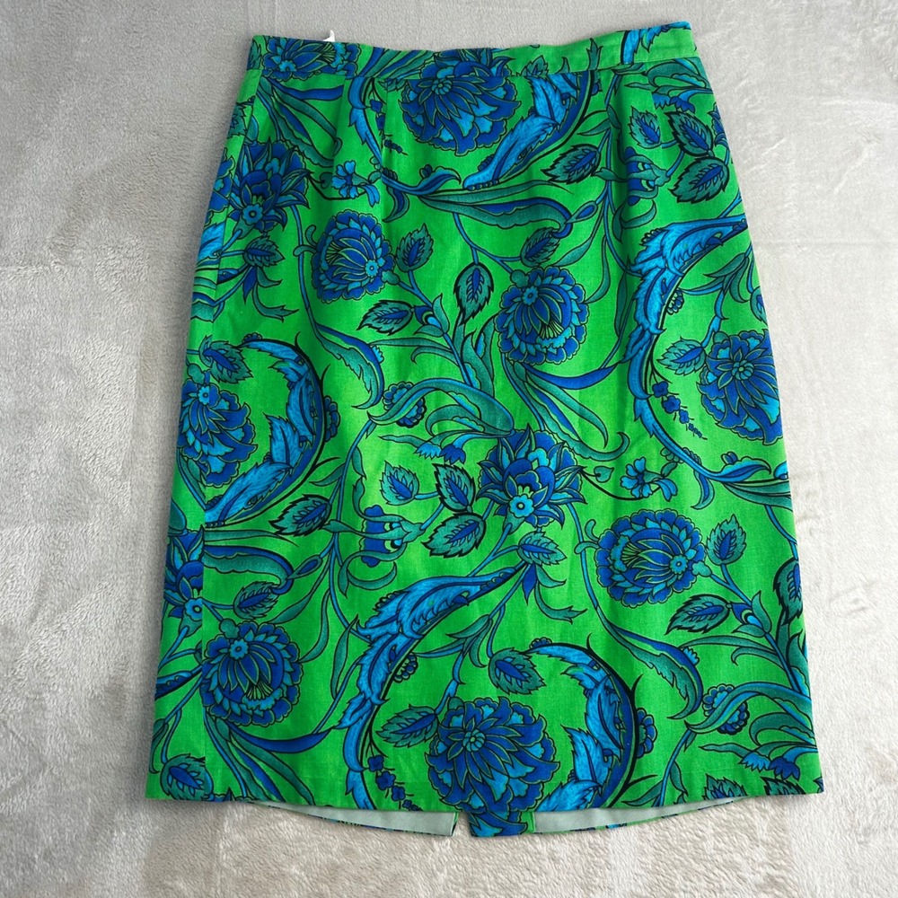 BRECKENRIDGE GREEN BLUE Paisley LINEN/RAYON Pencil Straight Skirt UK 16/US 12 - Picture 2 of 6